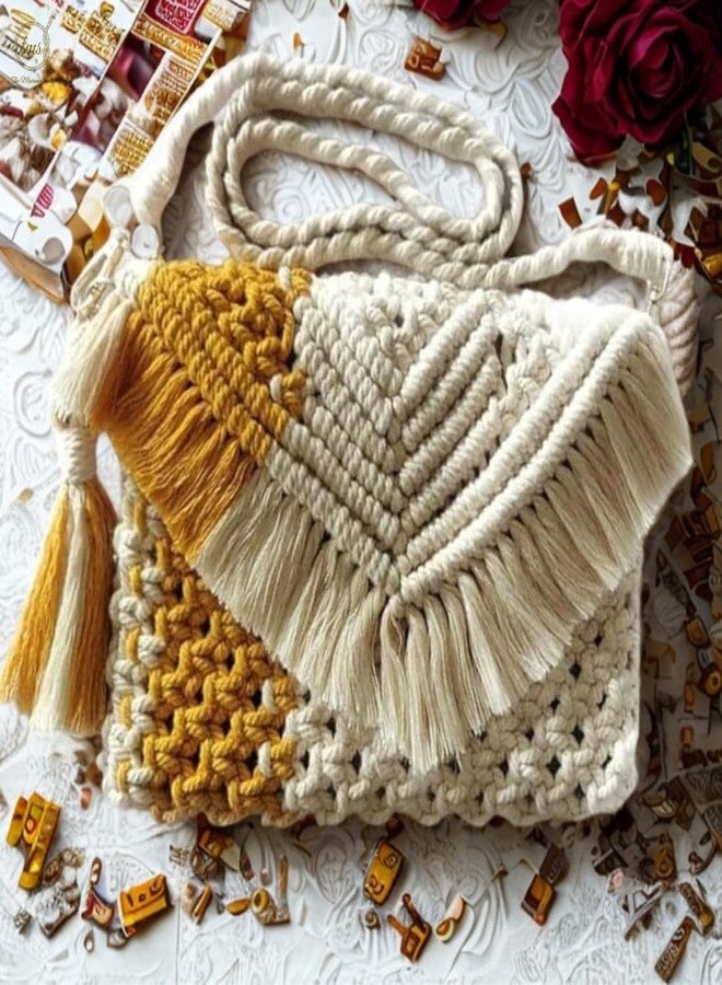 tms Handmade Macrame Sling Bag - Mustard & Off-White Boho Chic Bag, 10x8 Inches, Fringe Shoulder Bag with Detachable Strap and Zipper Closure -1 pcs - Image 3